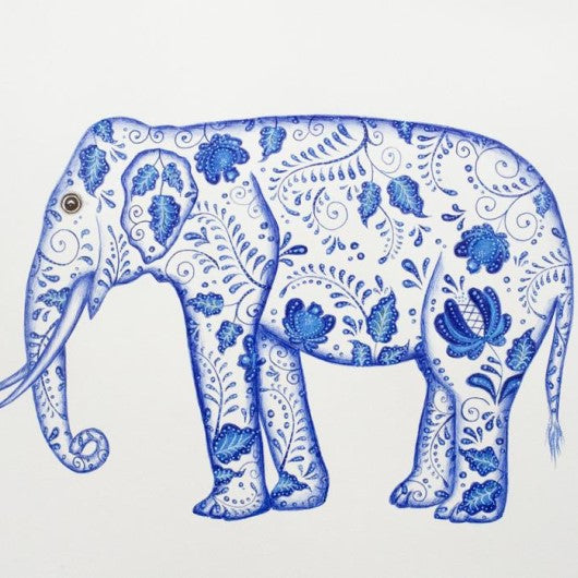 Drawing - Blue and White - Elephant